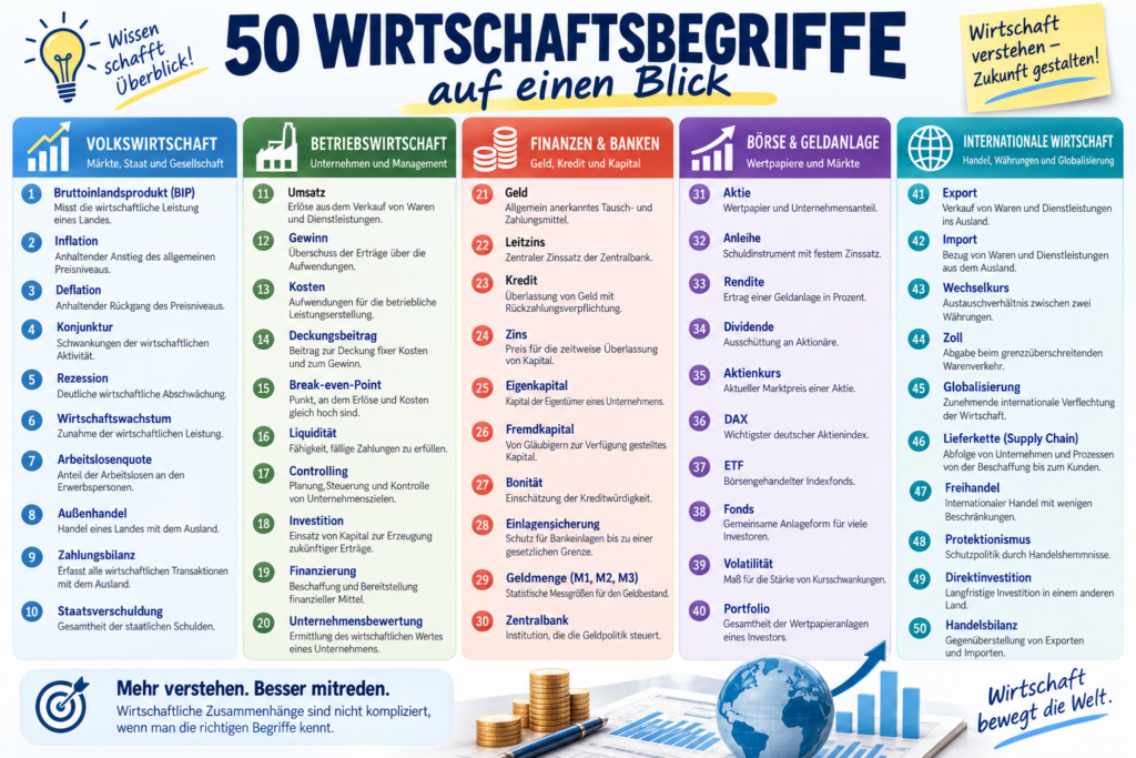 50 Wirtschaftsbegriffe auf einen Blick
